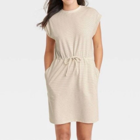 a new day Dresses & Skirts - A New Day Cream Tan Striped Short Sleeve Extended Shoulder A-Line Dress Size L